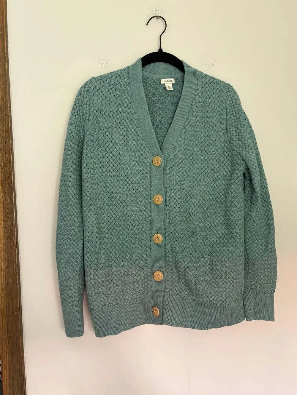 L.L. Bean Women's Preppy Academia Basket-Weave Cardigan Sweater Teal Sz M